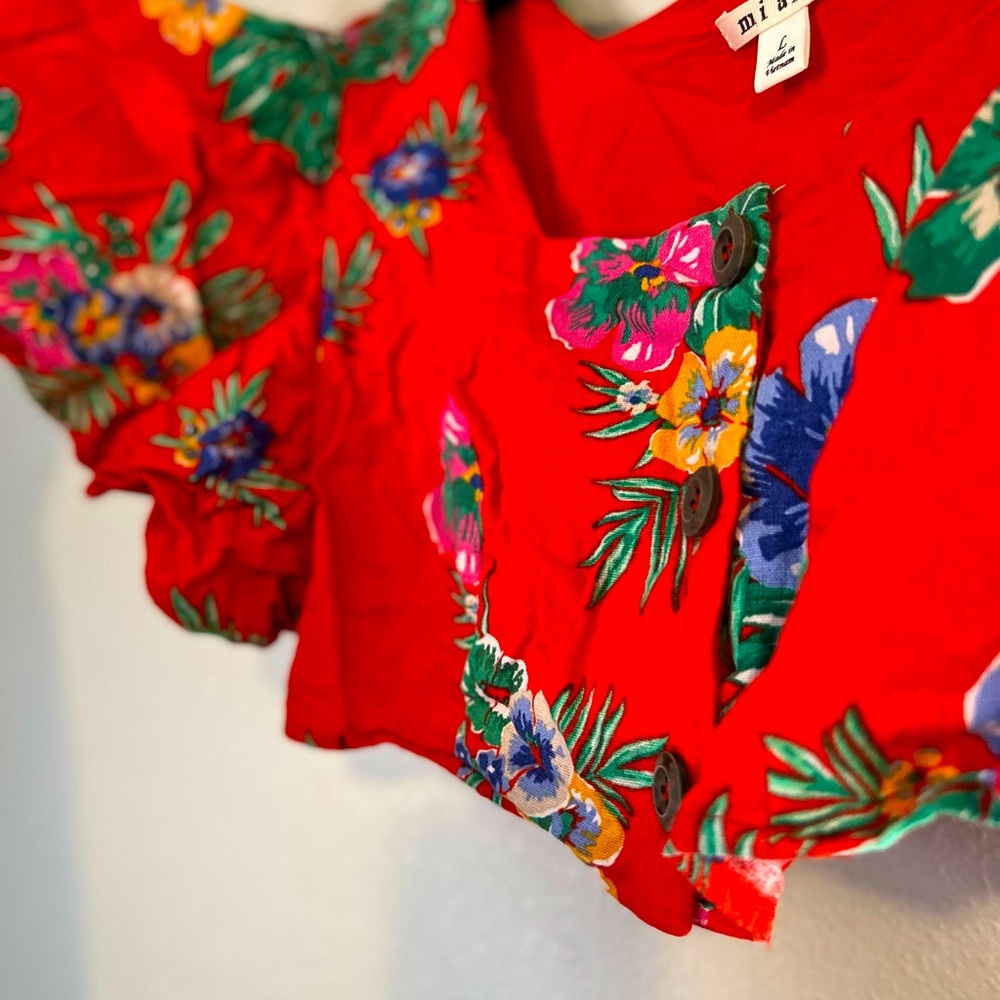 MIAMI | Vintage Co-ord,tropical print, paper bag shorts, ruffle sleeve crop top